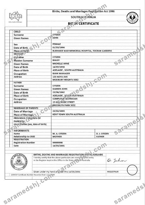Australia South Australia birth certificate version 1